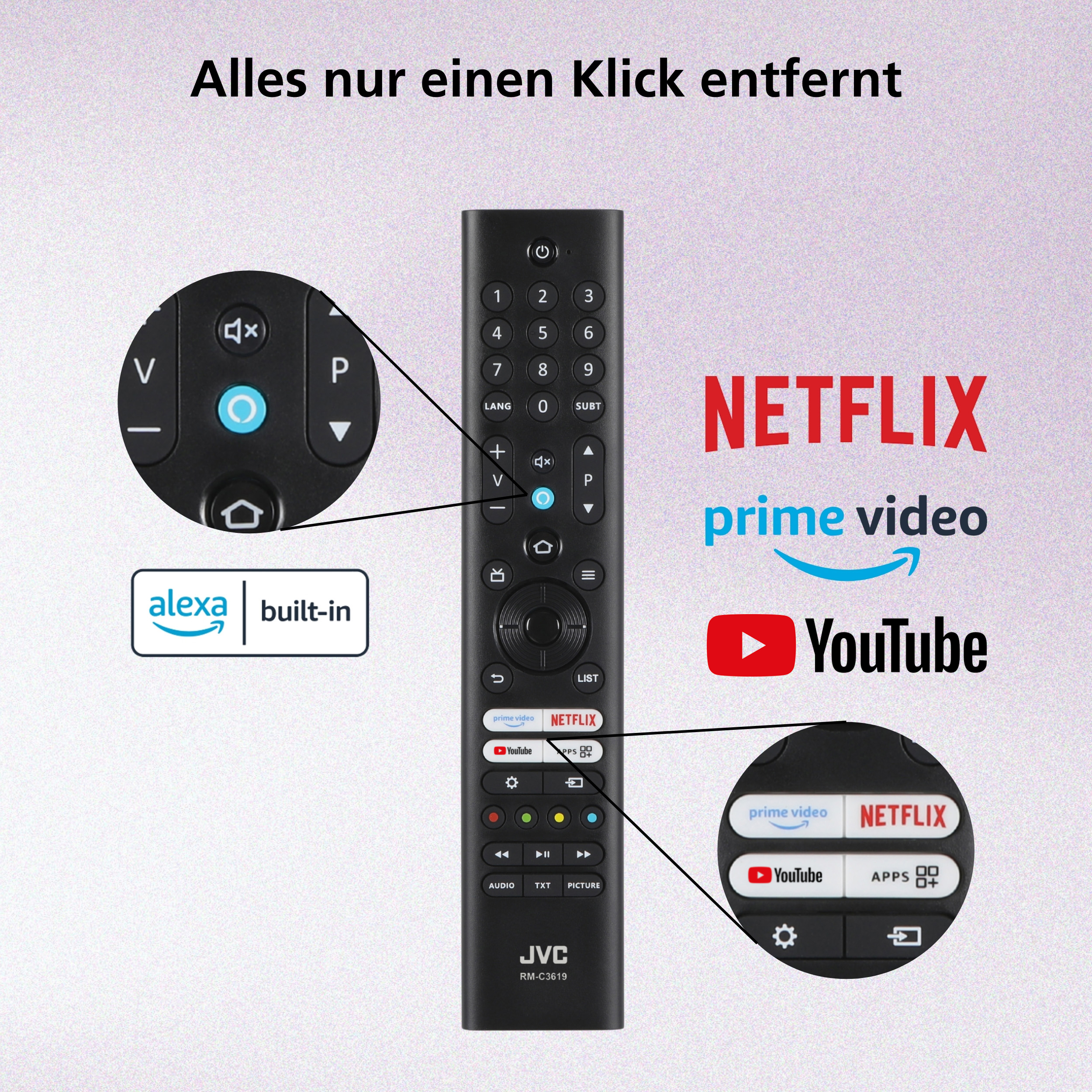 Eine JVC-Fernbedienung mit Tasten für Netflix, Prime Video, YouTube und eine hervorgehobene Alexa-Taste.