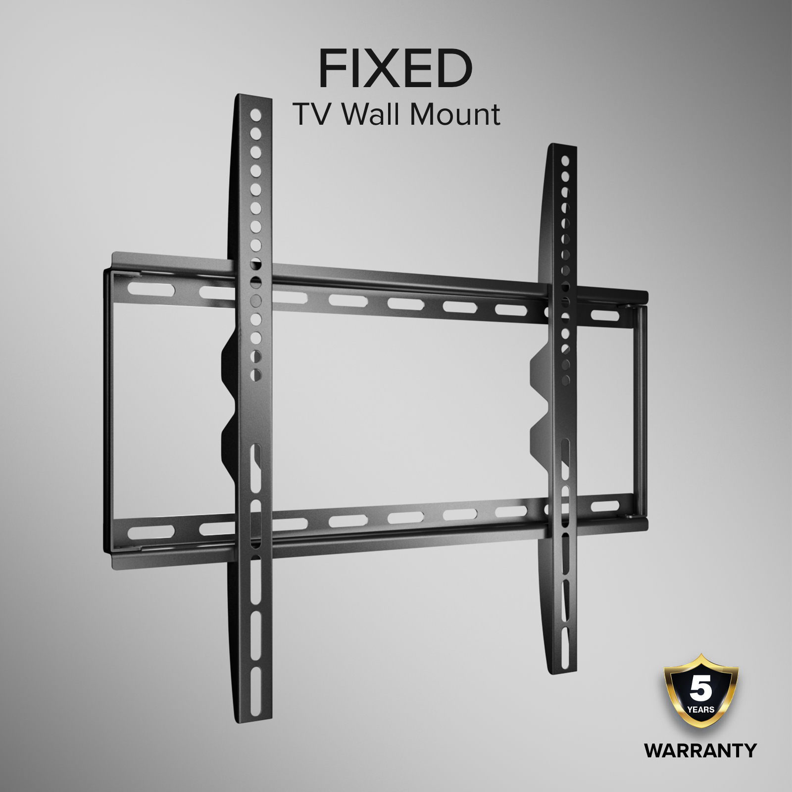 Soporte de pared para TV fijo de metal sobre fondo gris con 5 años de garantía.
