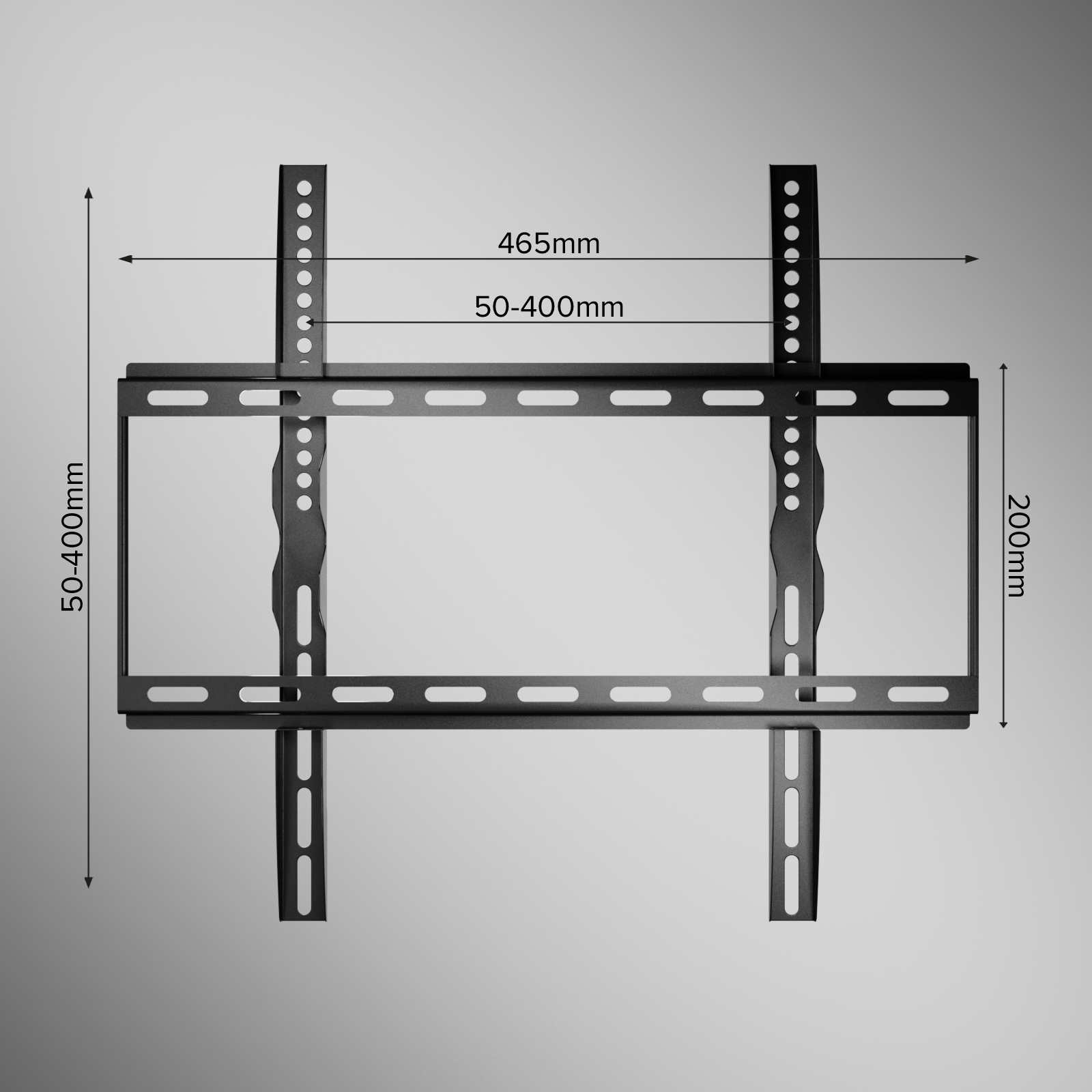 Soporte de pared para TV negro con medidas para soporte VESA.