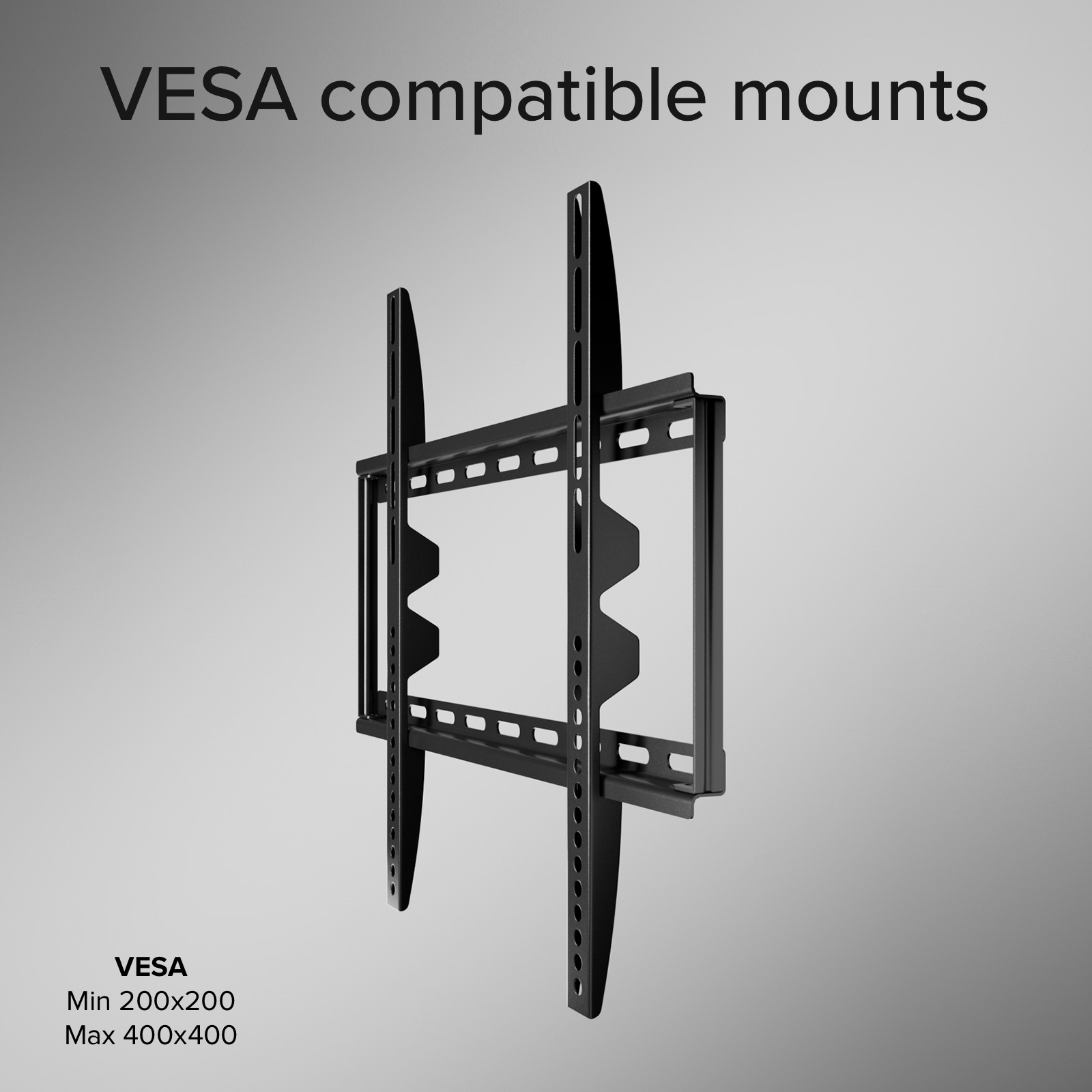 Un soporte de TV compatible con VESA negro sobre fondo gris con texto VESA Min 200x200 Max 400x400.