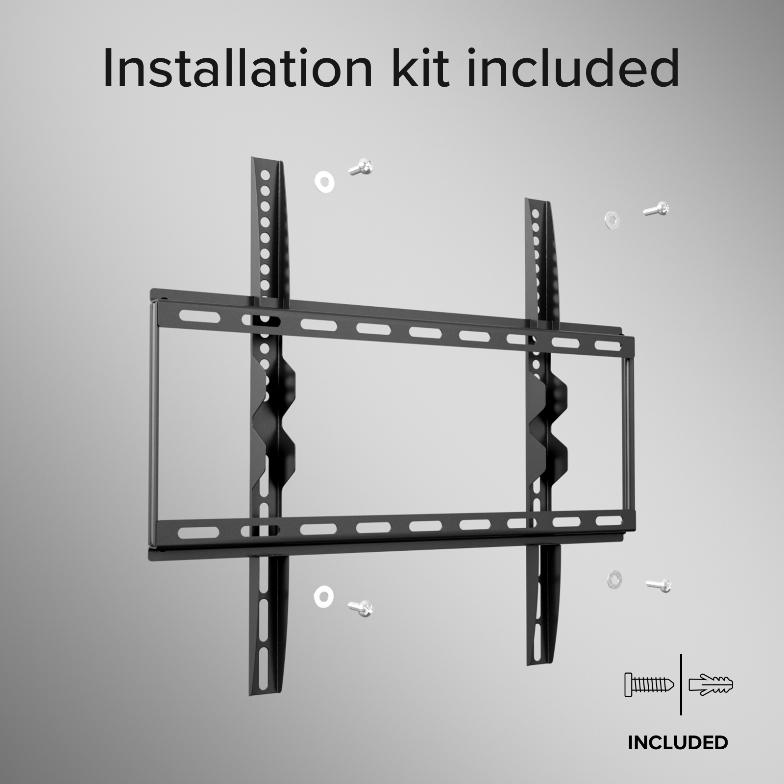 Un soporte de pared para TV de metal negro con tornillos y arandelas, y el texto Kit de instalación incluido.
