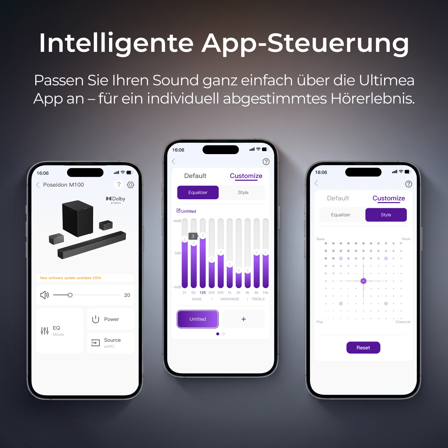 Drei Smartphones zeigen die Ultimea App mit Equalizer und Soundbar-Steuerung.