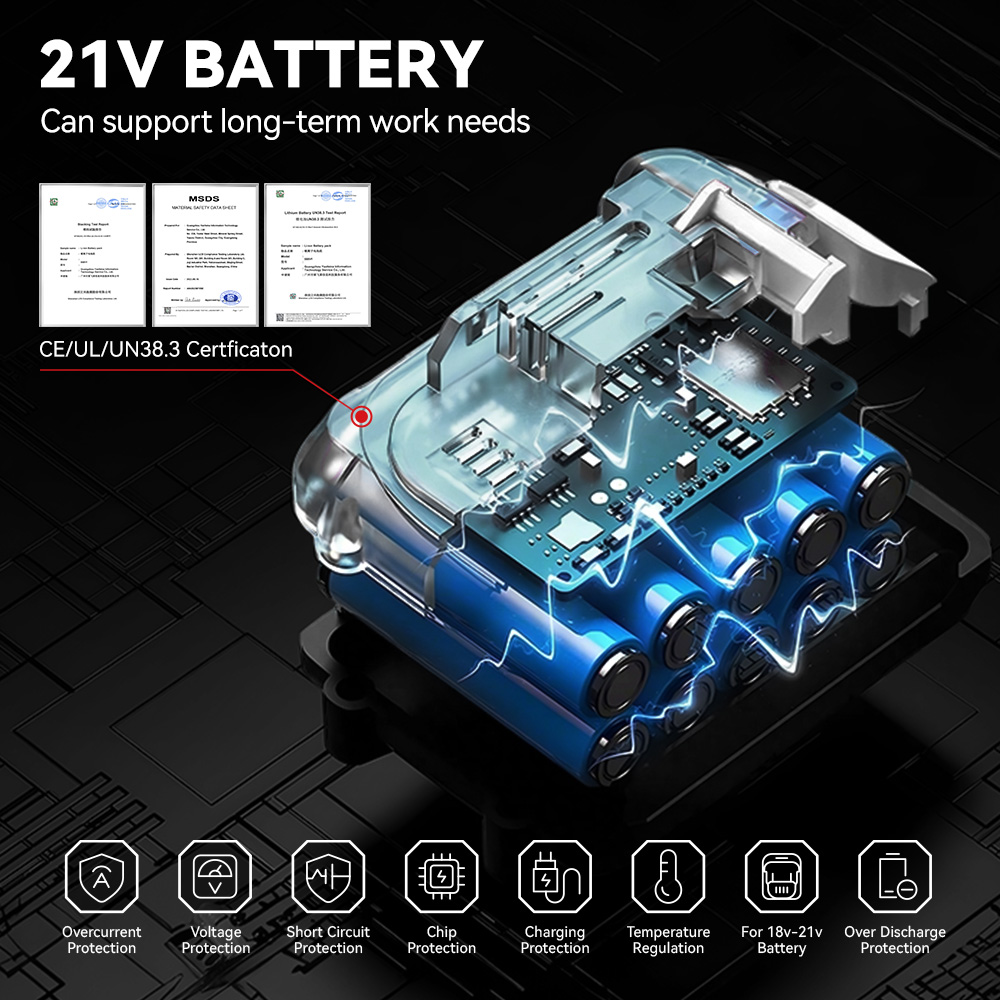 Batería de 21V cortada que muestra celdas internas, circuitos de protección y certificados.