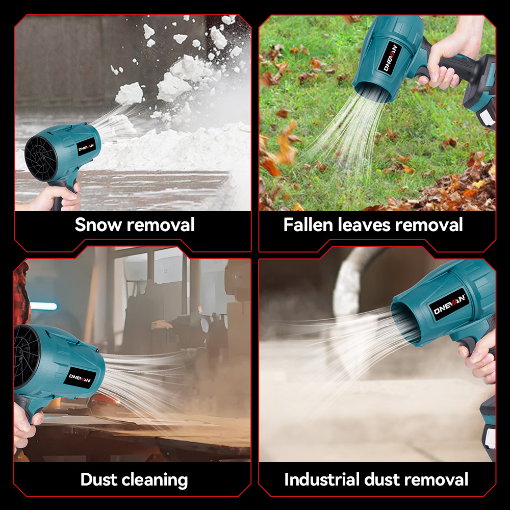 Un soplador inalámbrico verde azulado en cuatro usos: nieve, hojas, polvo y limpieza industrial.