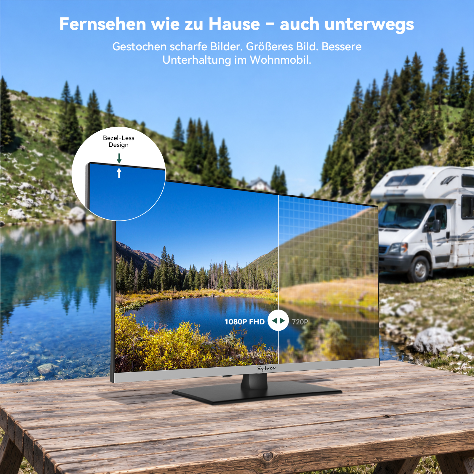 Un televisor FHD con diseño sin marcos se encuentra en una mesa de madera ante un fondo de montaña y autocaravana.