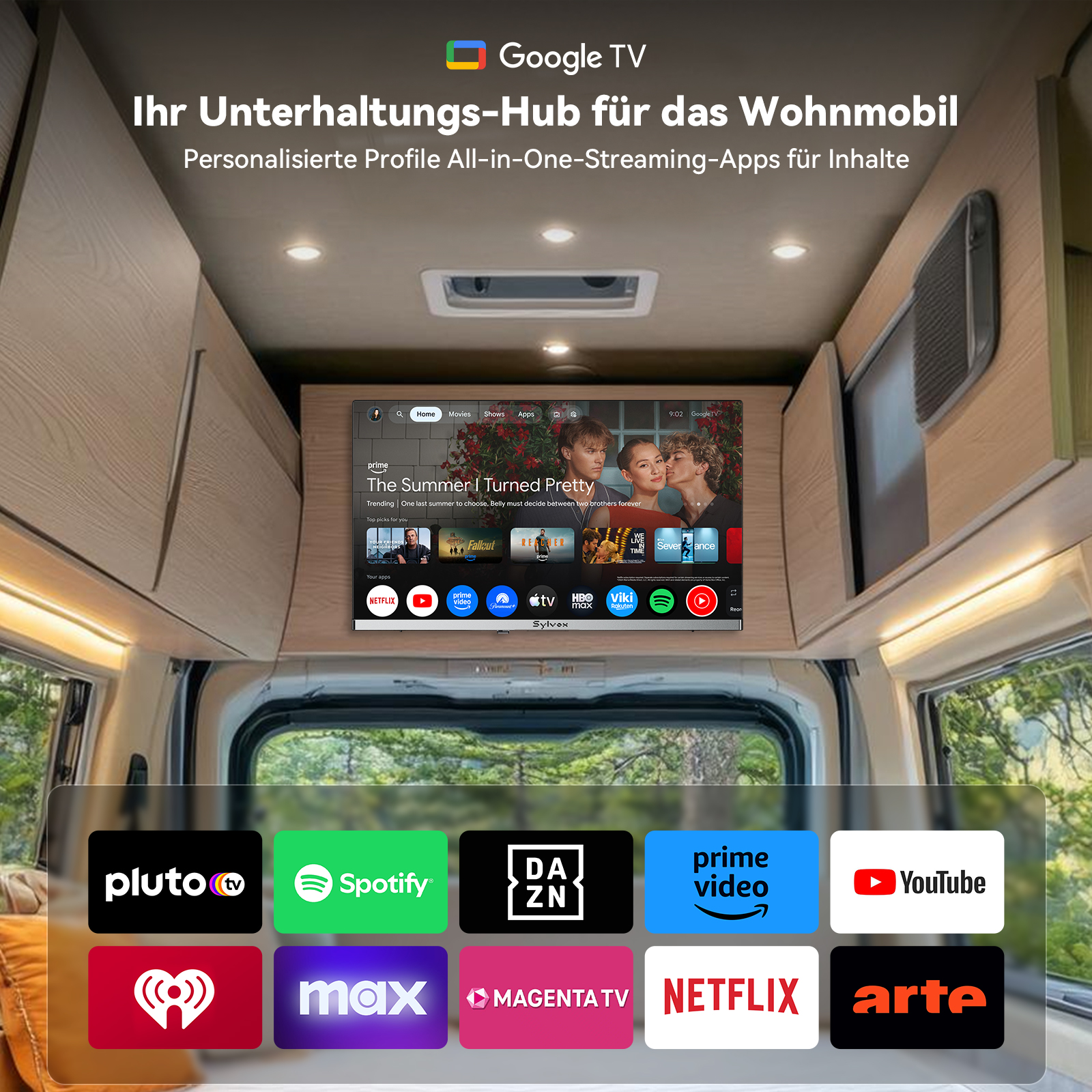 Google TV en una autocaravana con logotipos de aplicaciones como Netflix y Spotify.