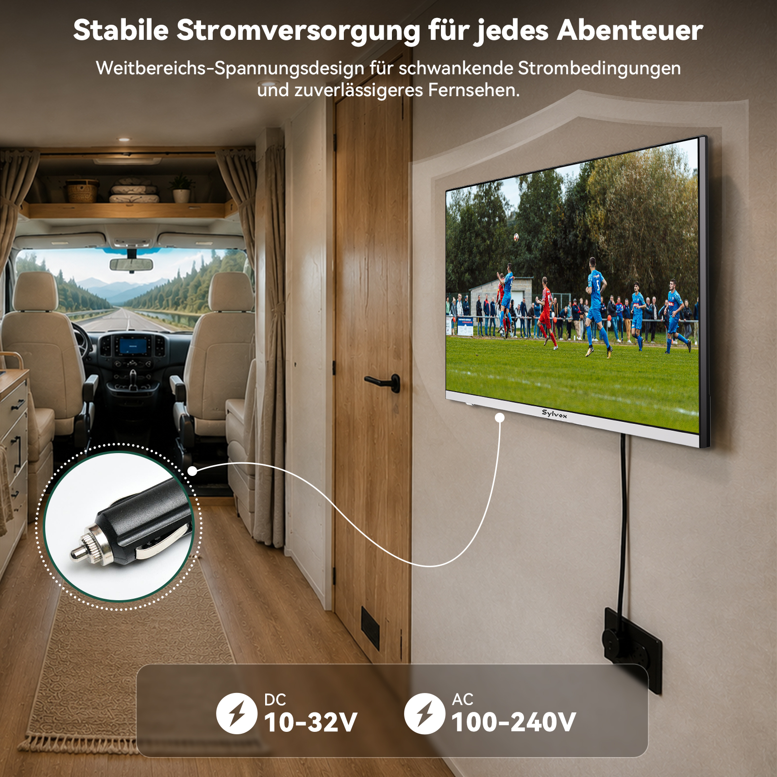 Interior de autocaravana con TV en la pared y soporte de energía DC/AC.