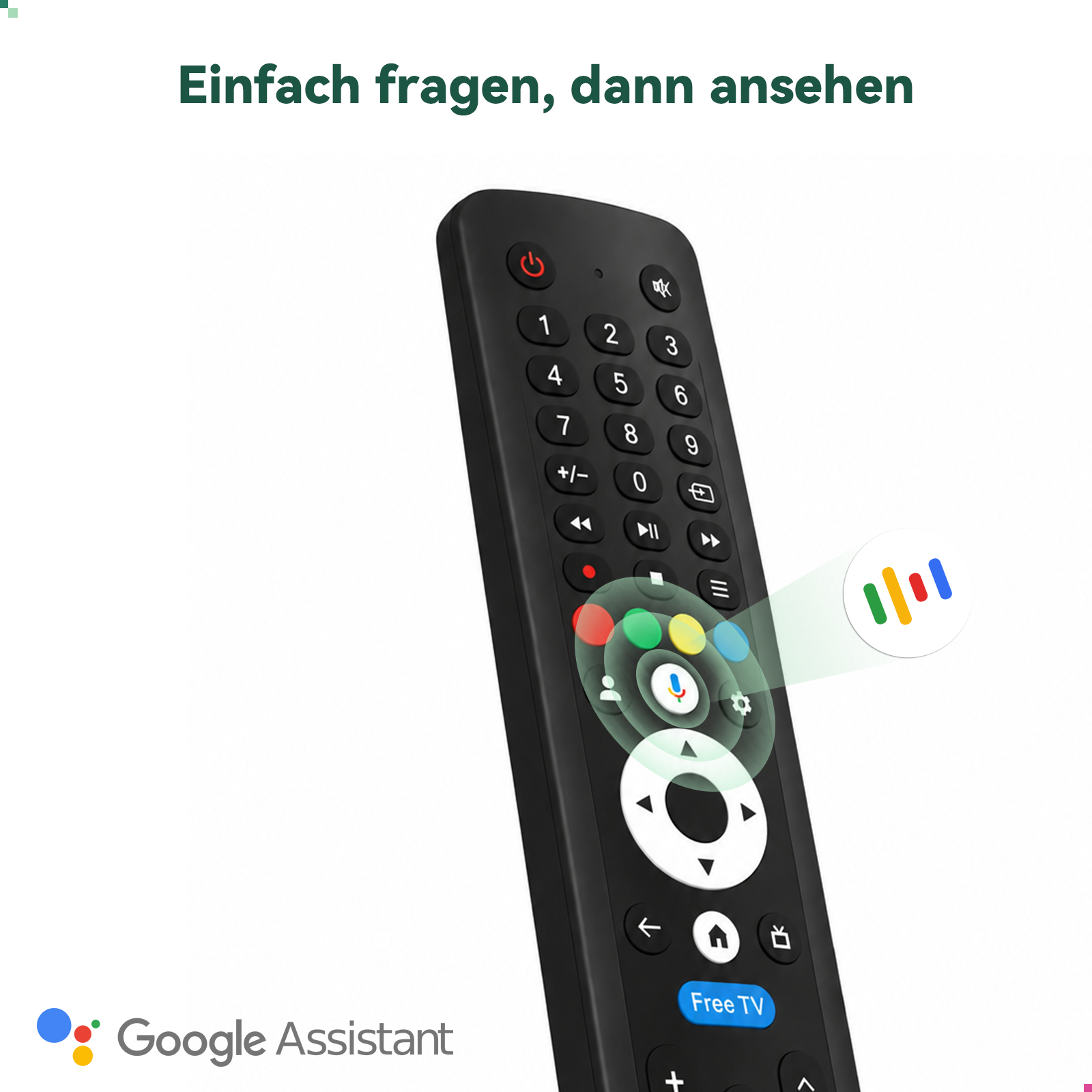 Control remoto de TV negro con el logotipo de Google Assistant y texto en alemán.