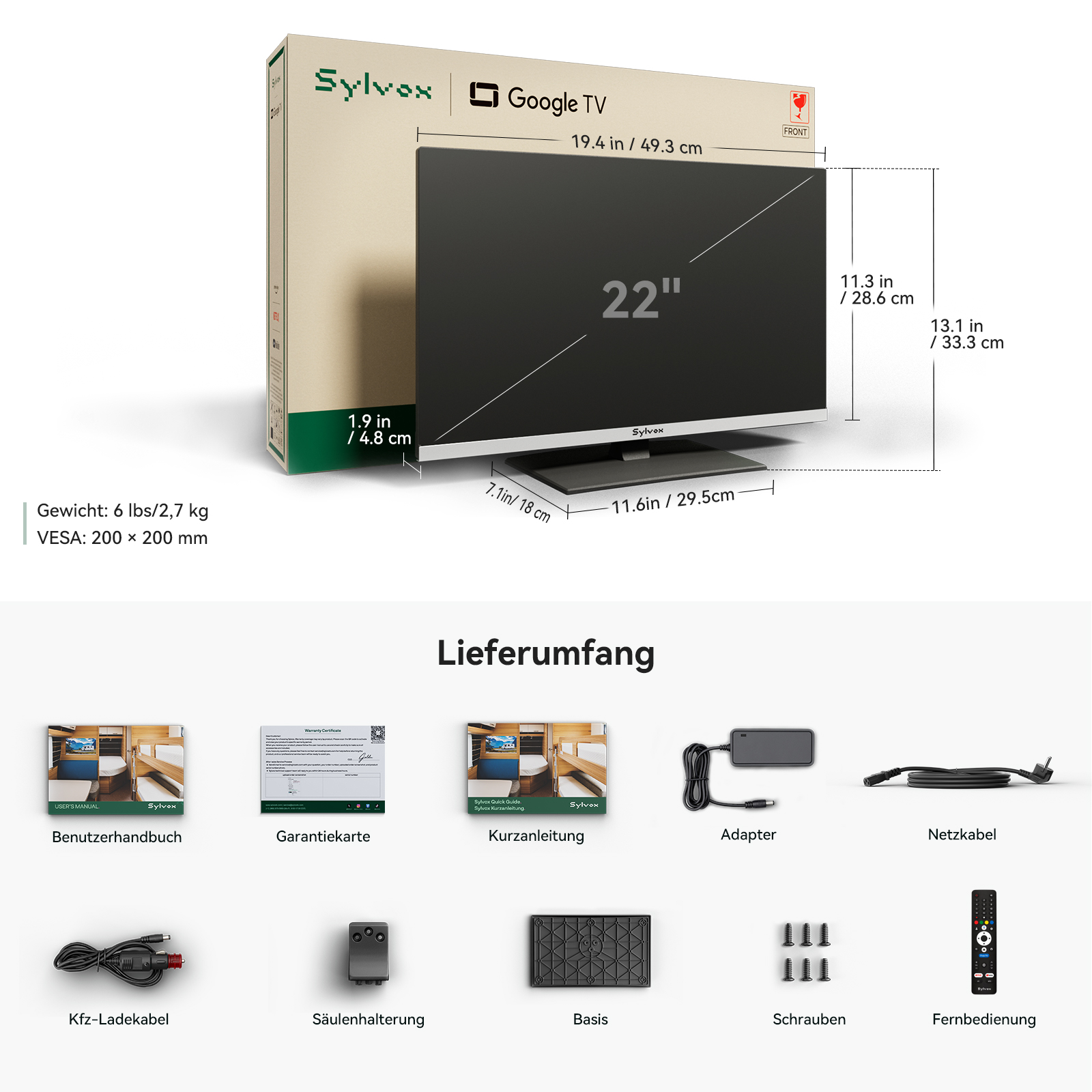 Google TV Sylvox de 22 pulgadas con dimensiones y contenido con manual, cables, adaptador, base y control remoto.
