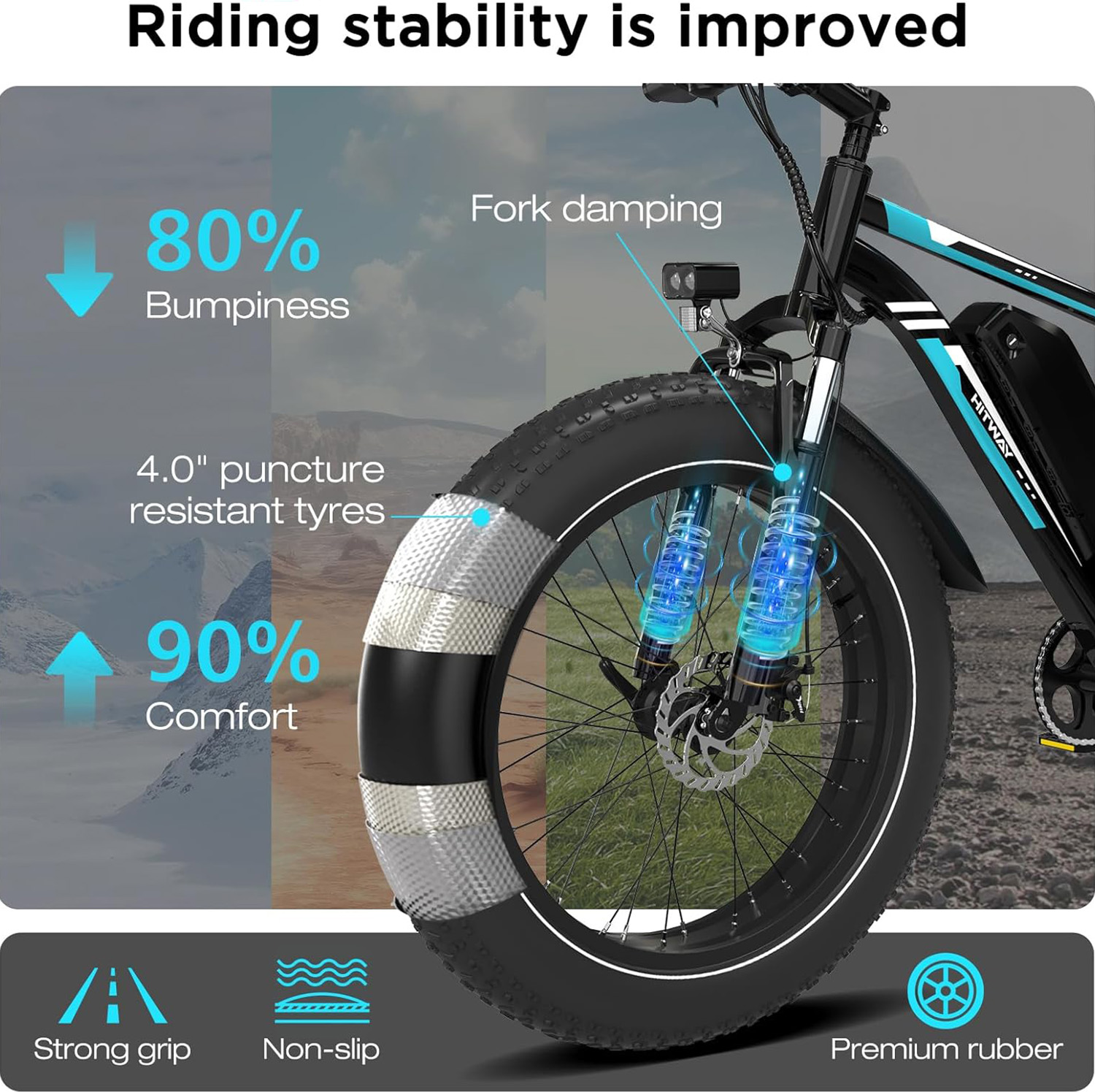 Pneu et suspension de vélo électrique avec graphismes d'absorption et confort.