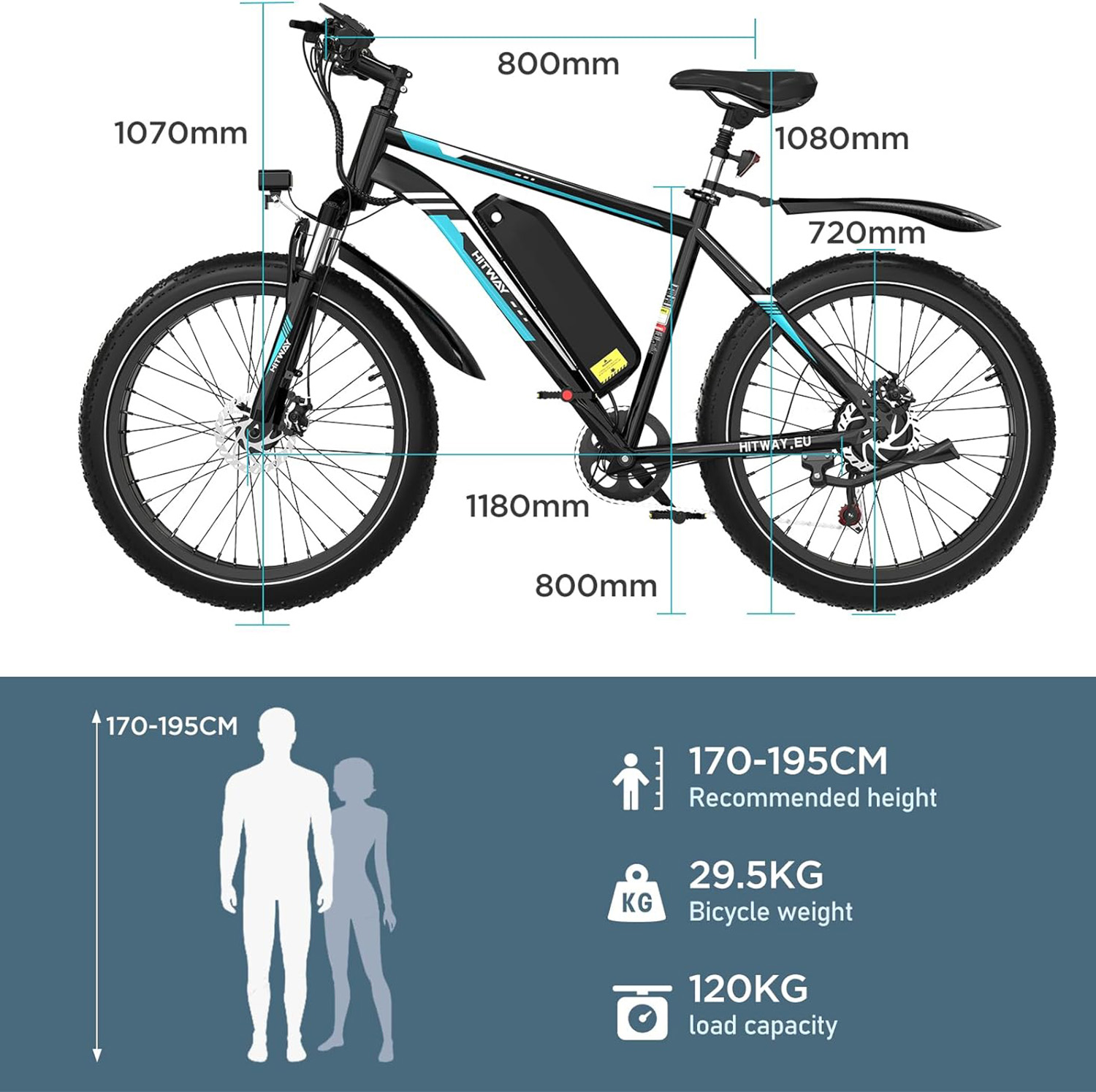 Schéma montrant les dimensions du vélo électrique noir, la taille recommandée, le poids et la charge.
