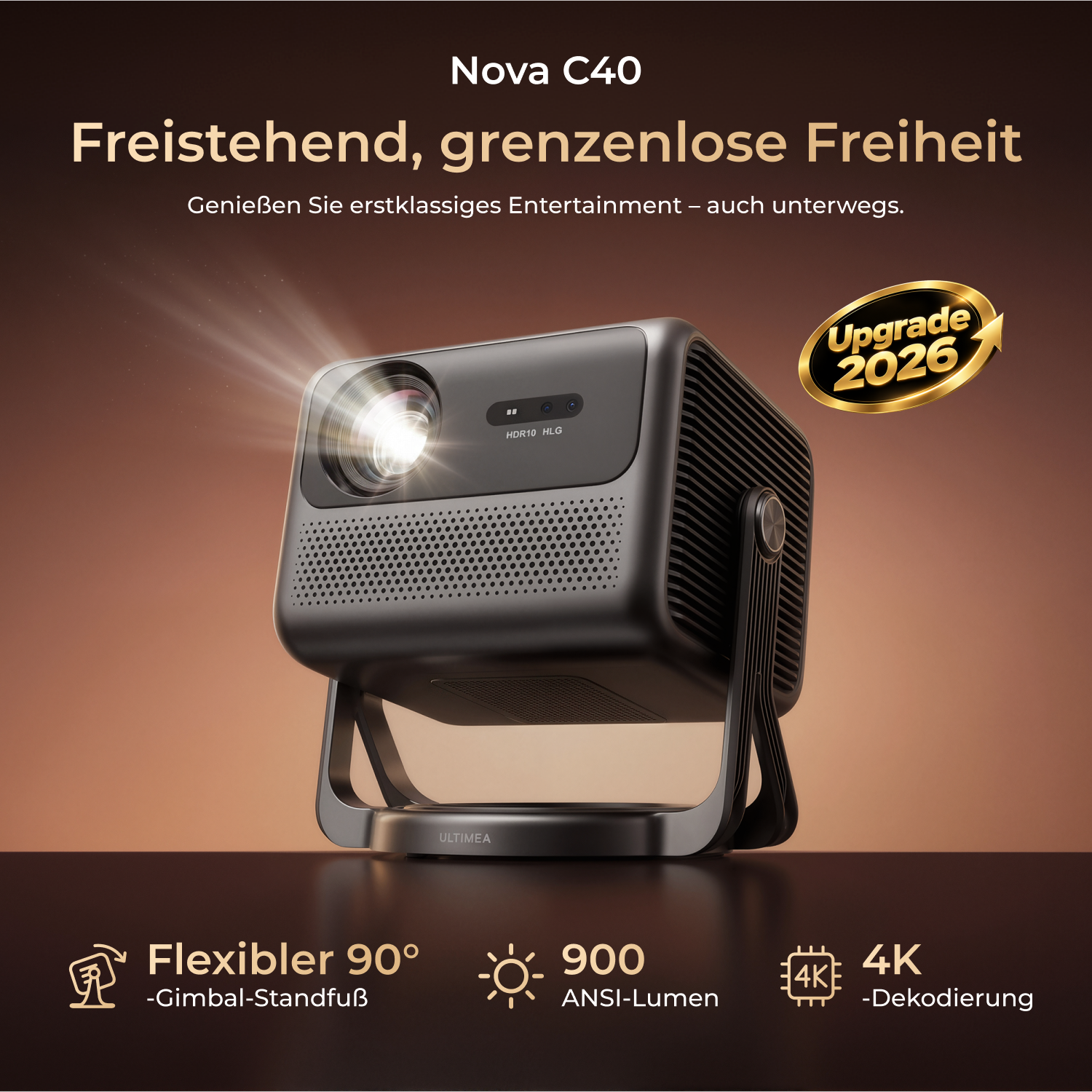 Nova C40 Beamer auf einem Standfuß mit Werbetext und Leuchteffekt auf braunem Hintergrund.