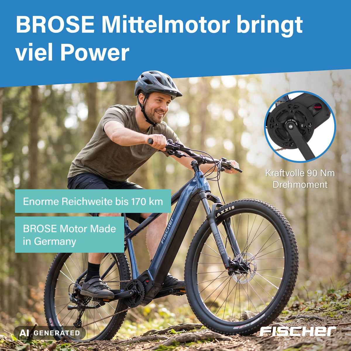 Ein Mann fährt ein blaues E-Bike im Wald und lächelt.