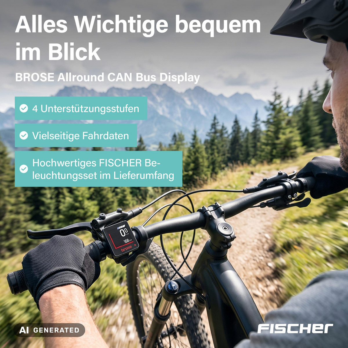 Ein Radfahrer hält den Lenker eines Mountainbikes mit Display, im Hintergrund sind Berge und Bäume zu sehen.