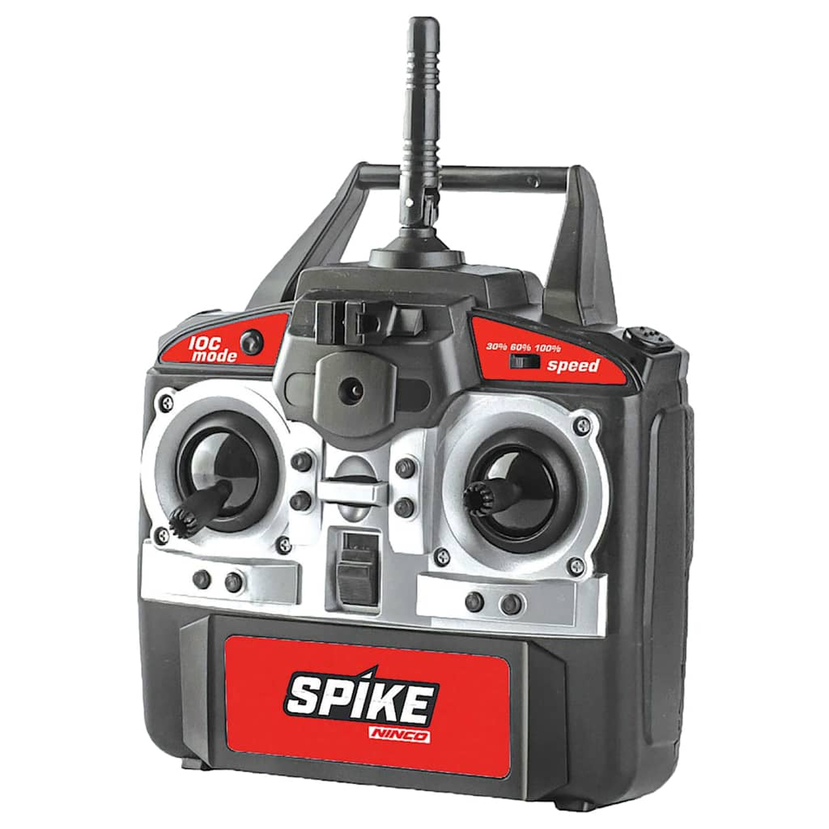 Schwarze Ninco Spike Fernbedienung mit roten Akzenten, zwei Joysticks und einer Antenne auf einem weißen Hintergrund.