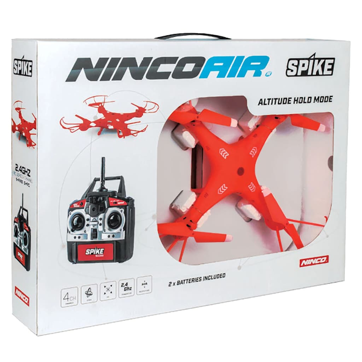 Weiße Nincoair Spike Drohnenverpackung mit roter Drohne und schwarzem Controller.