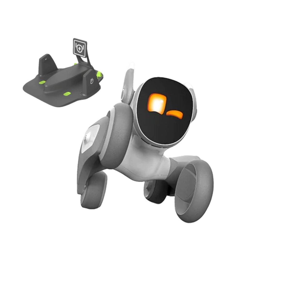 Parçalı gözleri olan gri ve beyaz robot köpek ve şarj istasyonu.