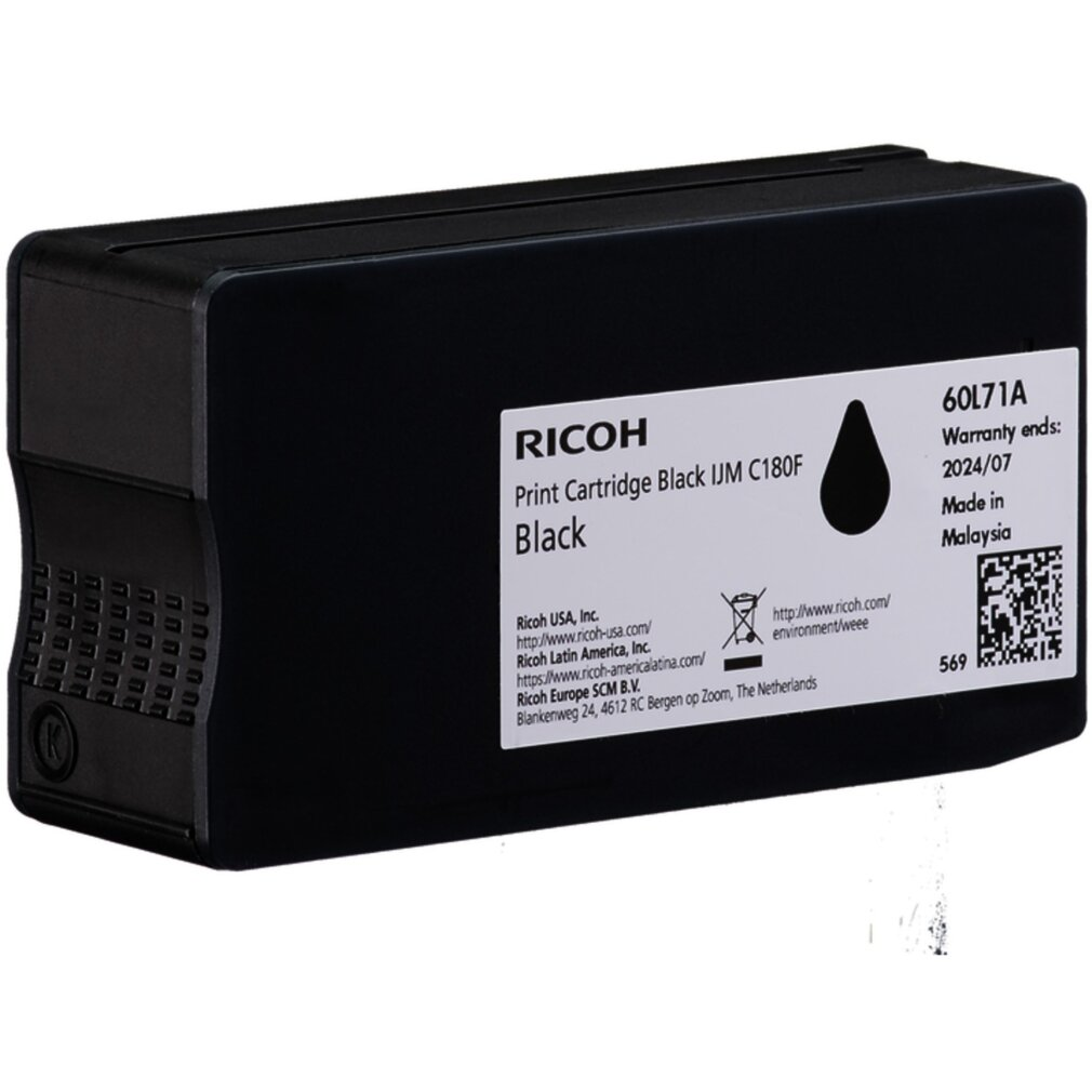 Eine schwarze Ricoh-Druckerpatrone mit weißem Etikett, Produktdetails, Tropfensymbol und QR-Code.