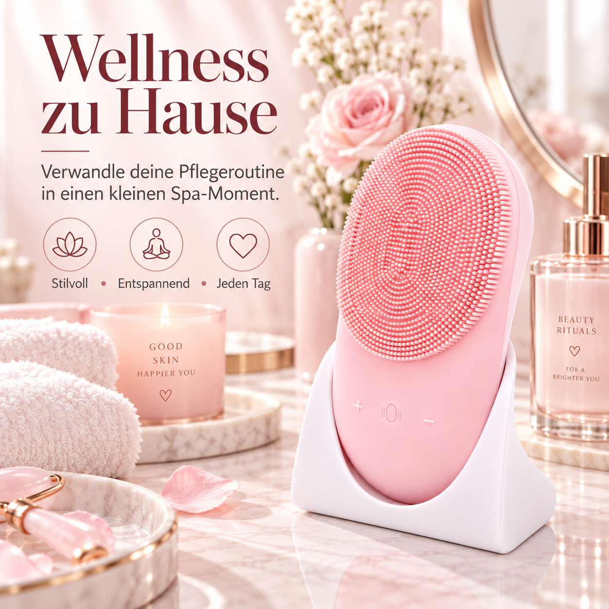 Rosa Gesichtsreinigungsbürste auf einem Ständer mit Kerze, Blumen und Flaschen auf einem Tisch.
