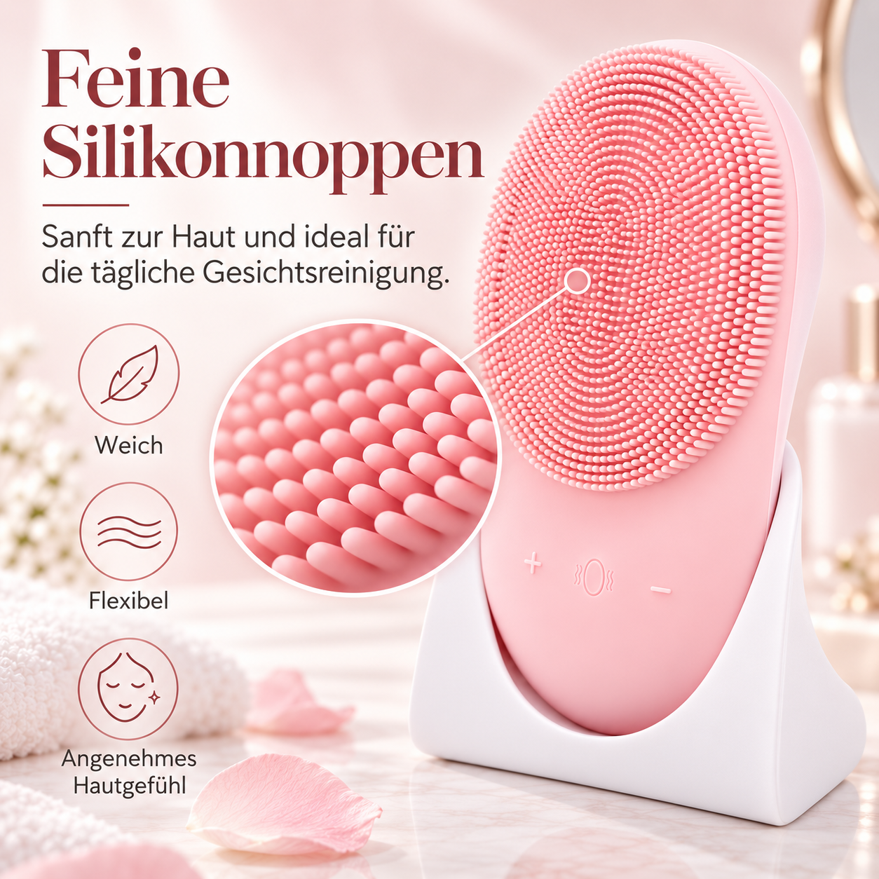 Rosa Silikon-Gesichtsreinigungsbürste auf weißem Ständer mit Text und Symbolen.