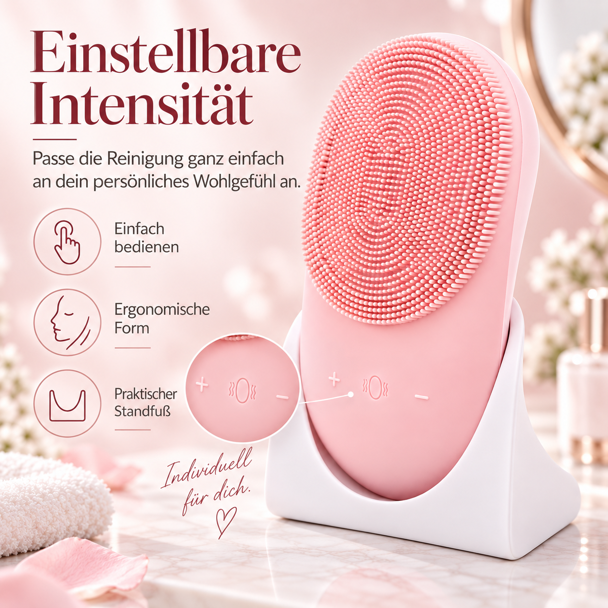 Rosa Gesichtsreinigungsbürste mit weißer Halterung und Text auf hellrosa Hintergrund.