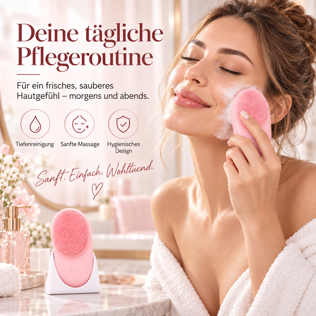 Eine Frau wäscht ihr Gesicht mit einer rosa Gesichtsbürste. Deutsche Werbetexte und Icons sind sichtbar.