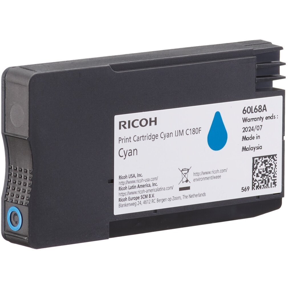 Eine schwarze Ricoh Cyan-Druckerpatrone vor weißem Hintergrund.