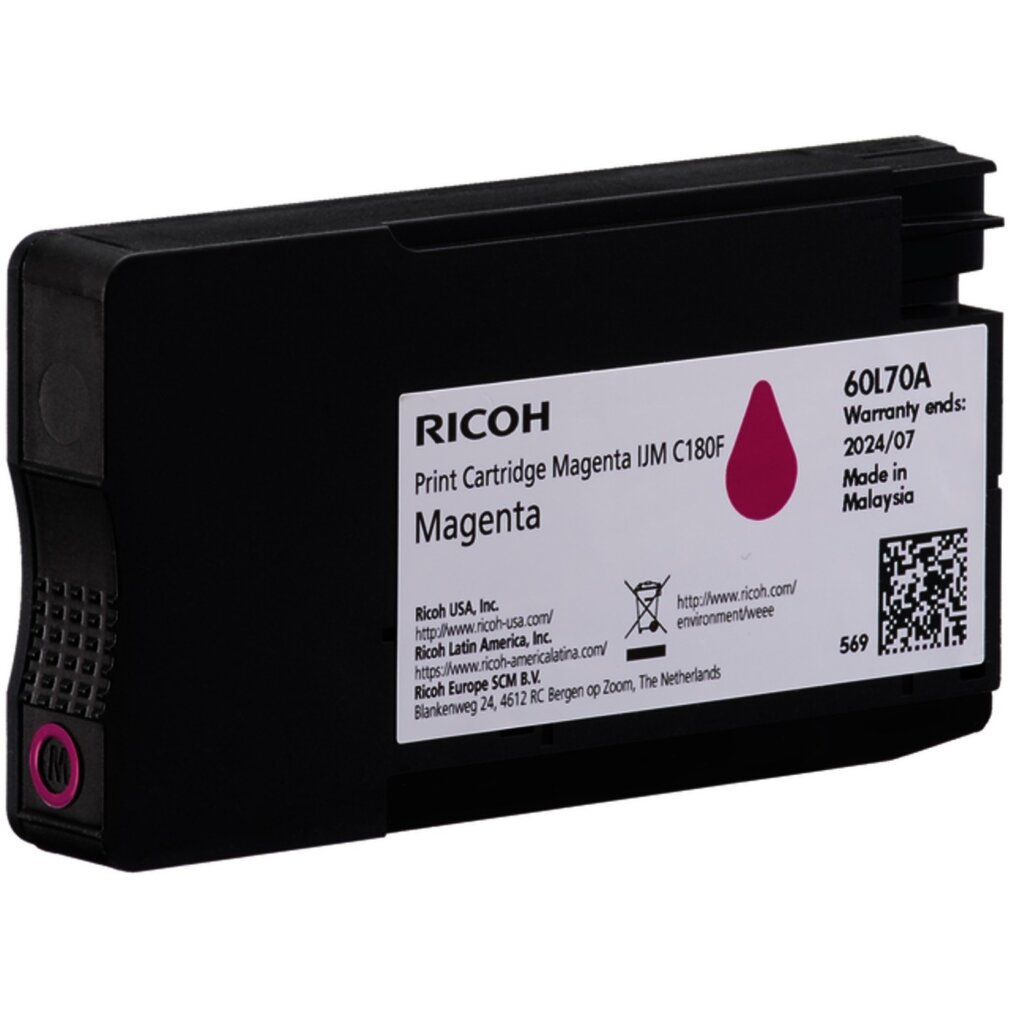 Schwarze Ricoh Magenta Druckerpatrone mit weißem Etikett auf weißem Hintergrund.