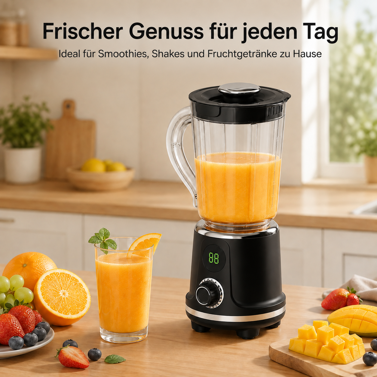 Ein schwarzer Standmixer auf einer Holzküche mit frisch gepresstem Orangensaft im Glas und Früchten ringsherum.