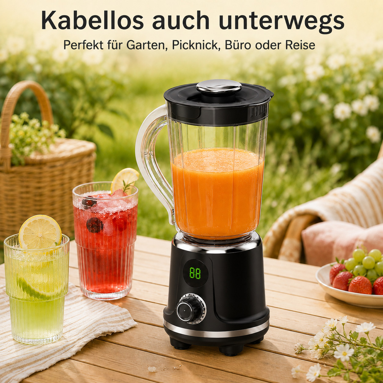 Ein schwarzer Standmixer mit Orangensaft auf einem Holztisch, umgeben von Getränken, Früchten und einer Wiese.