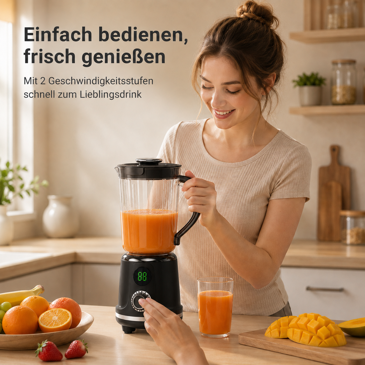 Eine Frau in einer Küche bedient einen schwarzen Standmixer, der frisch gepressten Orangensaft zubereitet.