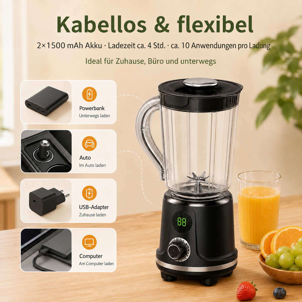 Tragbarer schwarzer Mixer mit Zubehör und Ladeoptionen auf einem Holztisch.