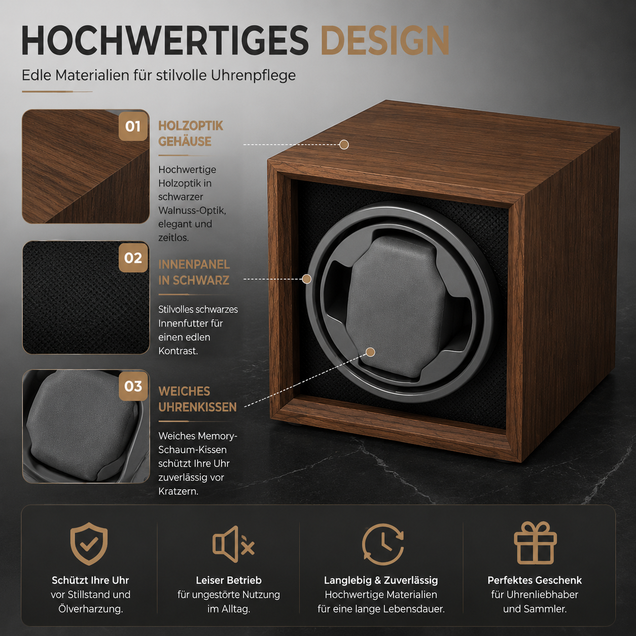 Holzoptik-Uhrenbeweger mit schwarzem Innenpanel und weichem Kissen auf dunklem Hintergrund mit Text.