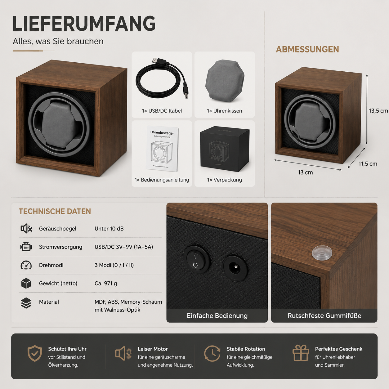 Holzfarbener Uhrenbeweger mit Zubehör, Abmessungen, technischen Daten und Funktionen in einer Infografik.