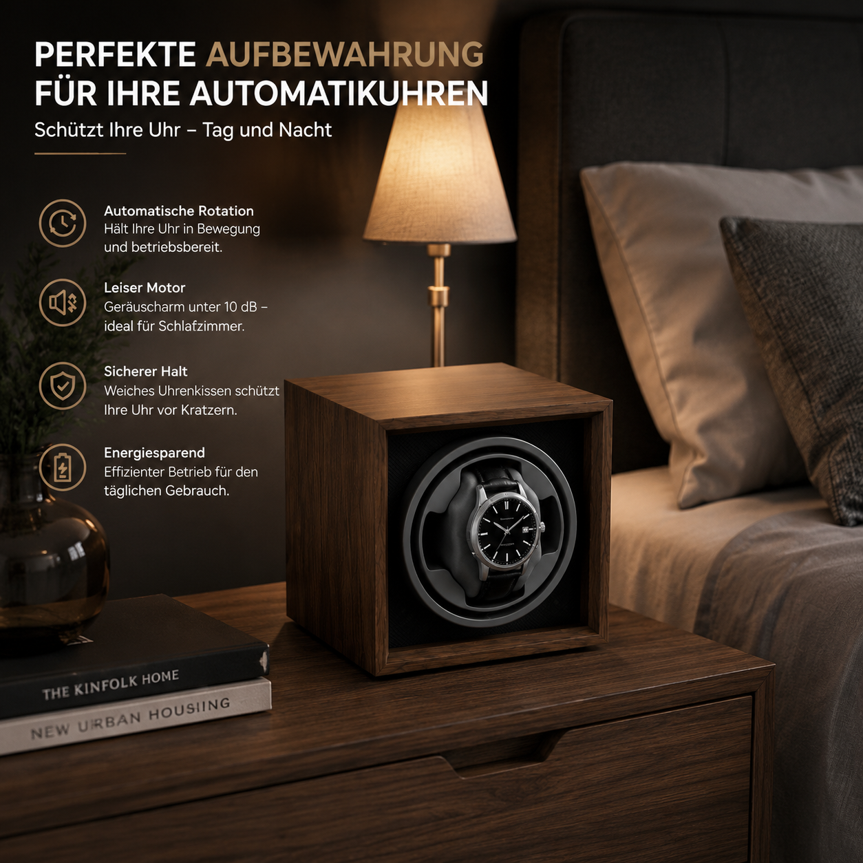 Eine hölzerne Uhrenbewegerbox mit einer Automatikuhr auf einem Nachttisch im Schlafzimmer.
