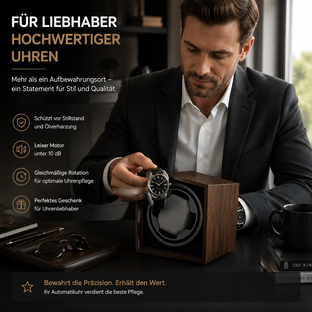 Ein Geschäftsmann im Anzug platziert eine Uhr in einem hölzernen Uhrenbeweger auf einem dunklen Tisch mit Text.