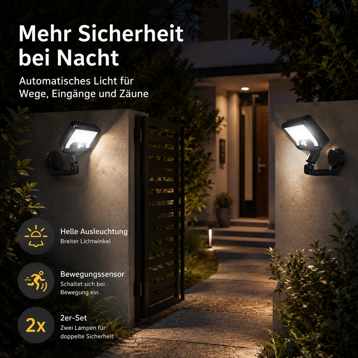 Zwei schwarze Außenwandleuchten mit Bewegungssensor beleuchten nachts einen Weg am Hauseingang.