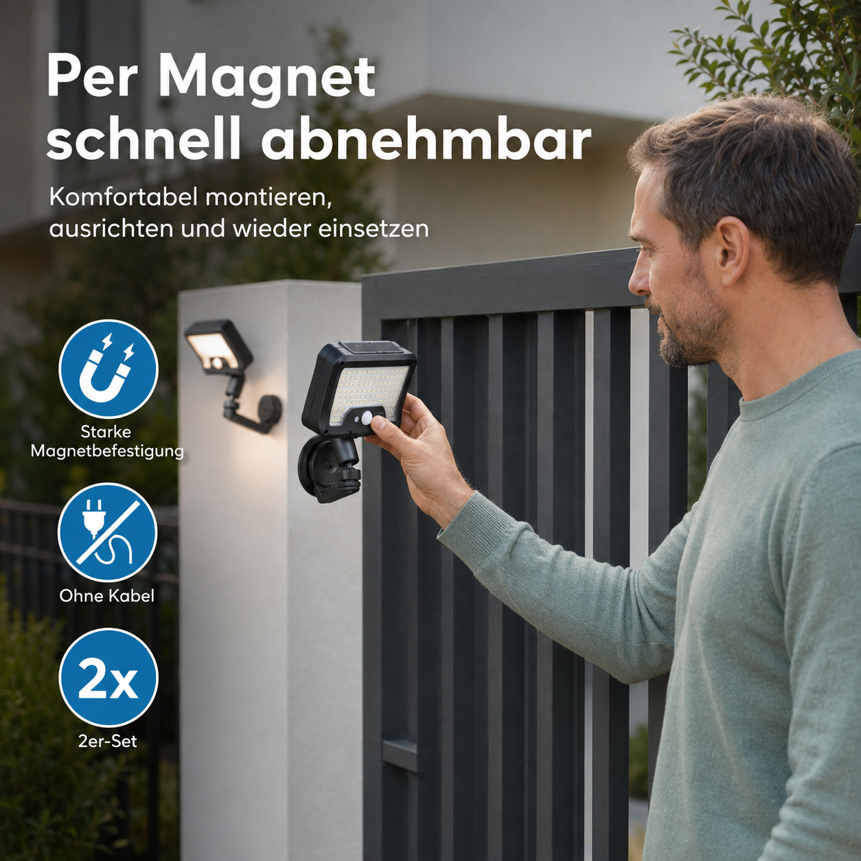 Ein Mann befestigt eine kabellose LED-Leuchte mit Magnet an einem Zaun, mit Text- und Symbolüberlagerungen.