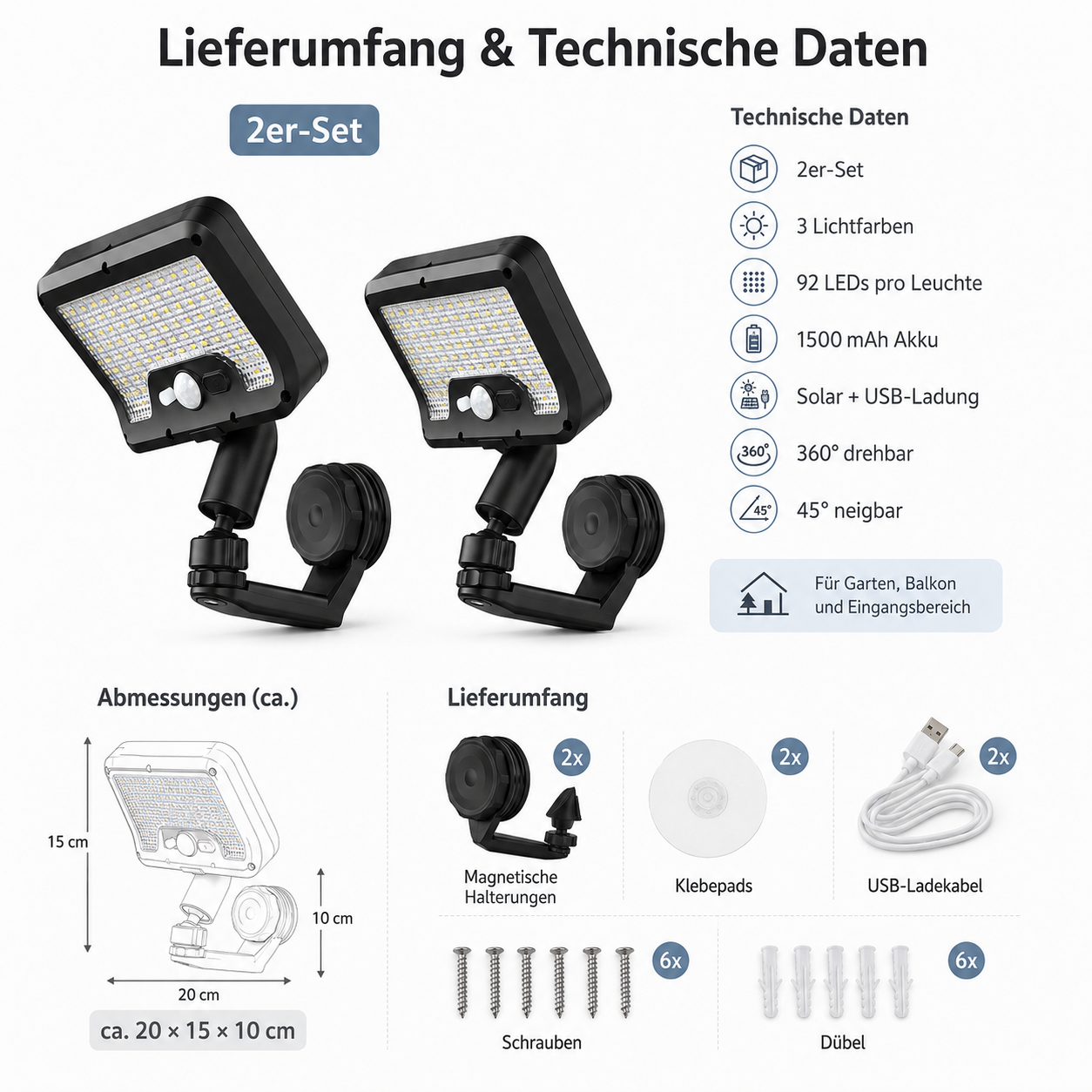 Zwei schwarze Solar-LED-Leuchten mit technischen Daten, Maßen und Zubehör wie Halterungen und Kabeln.