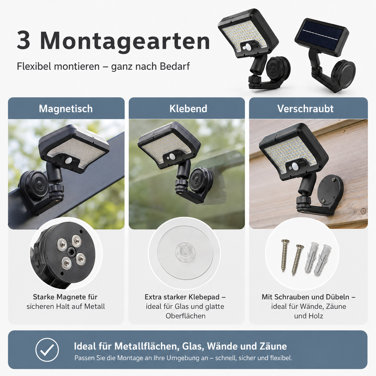 Solarleuchte mit drei Montagearten: magnetisch, klebend und geschraubt, inklusive Zubehör.
