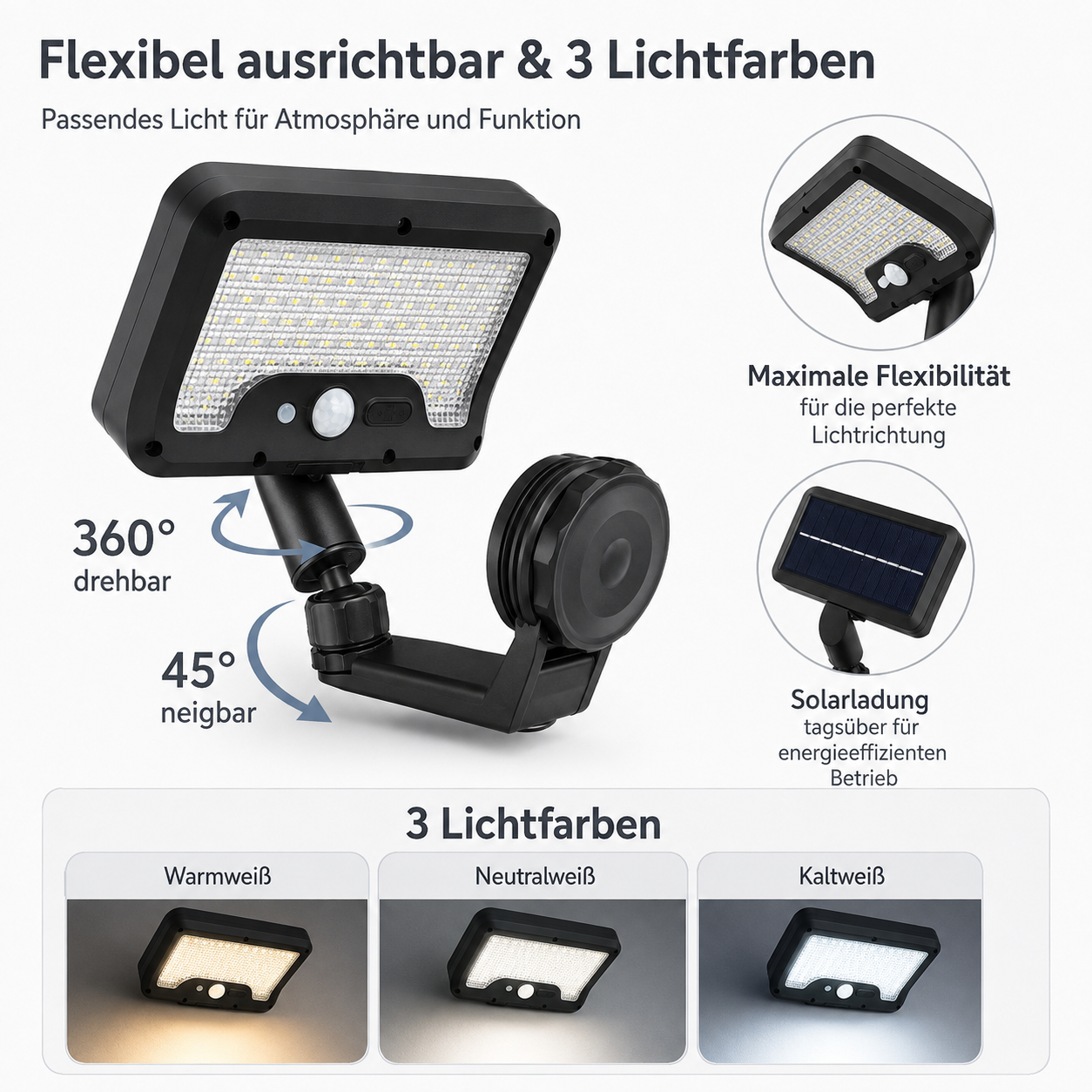 Verstellbare LED-Solarleuchte mit drei Lichtfarben und Bewegungsmelder.