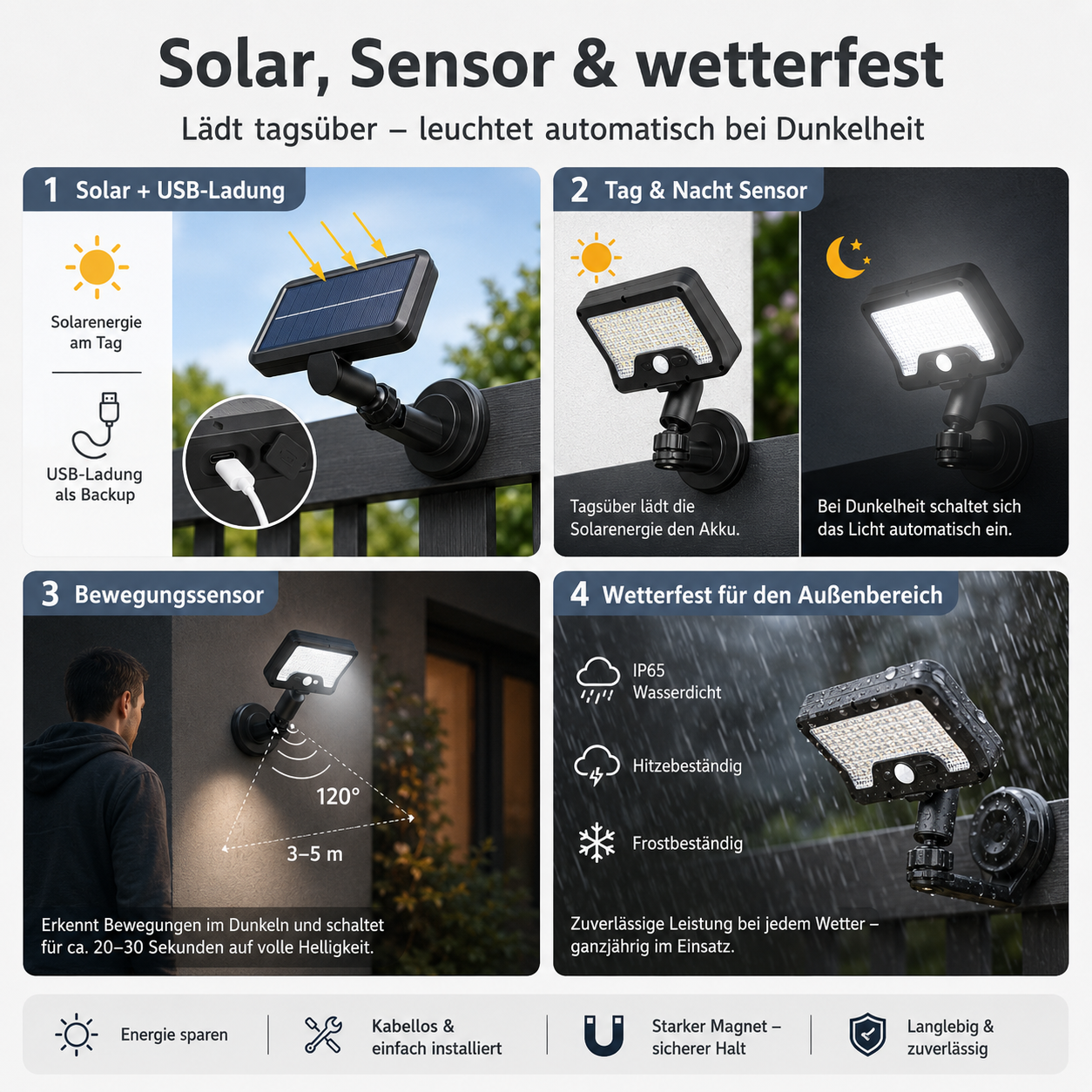 Infografik zeigt Solarlampe mit Solarpanel, Tag-Nacht-Sensor, Bewegungsmelder und Wetterfestigkeit.