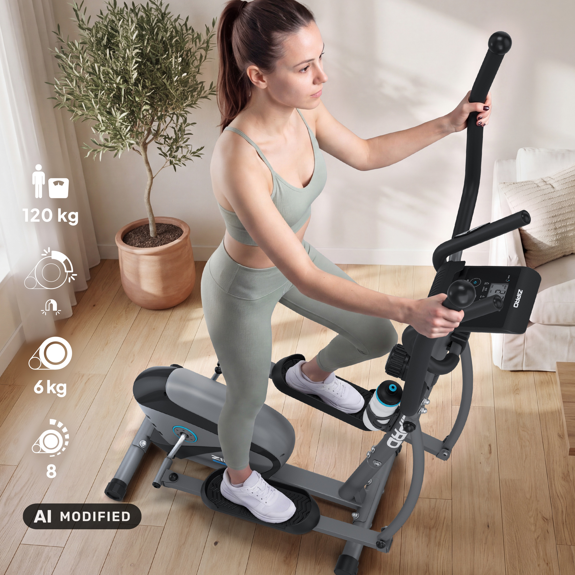 Una donna in abbigliamento sportivo si allena a casa su un'ellittica grigia.