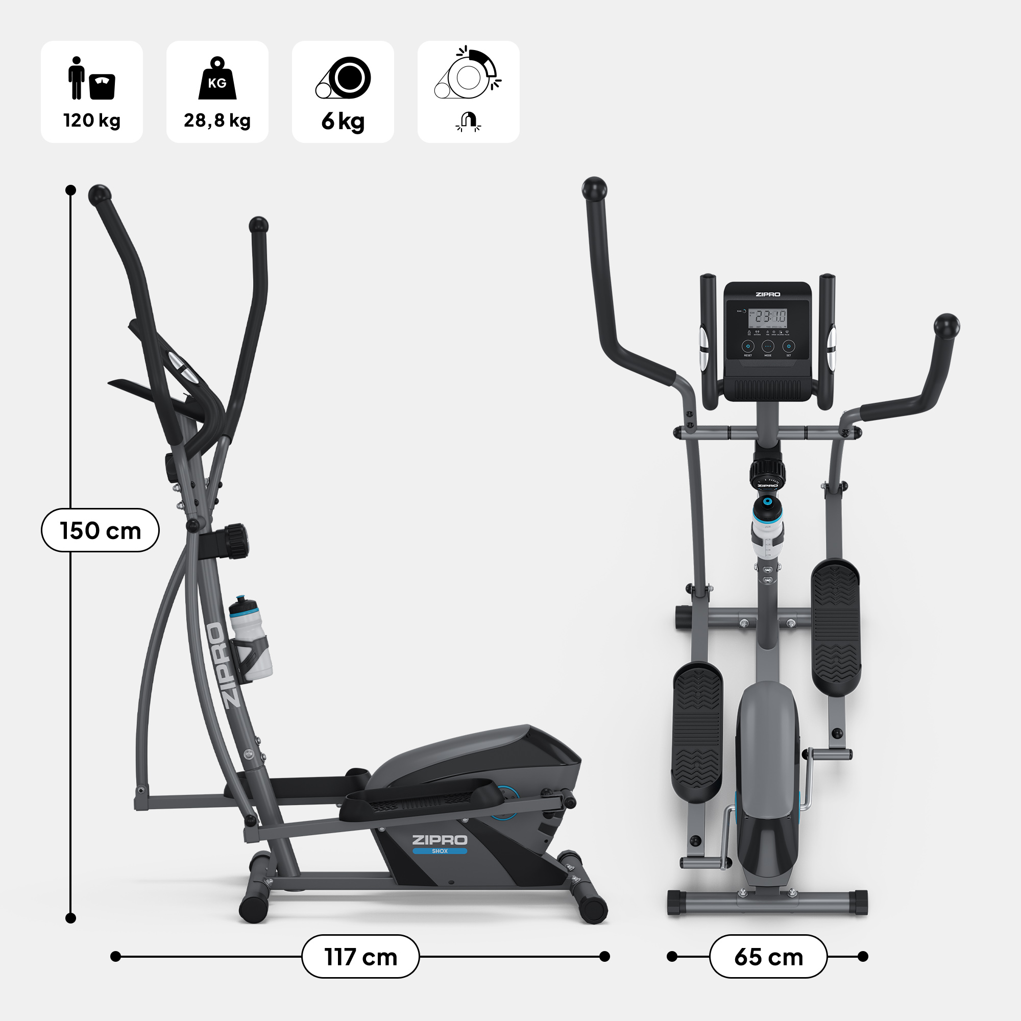 Ellittica Zipro Shox grigia con dimensioni, portaborraccia e icone delle specifiche.