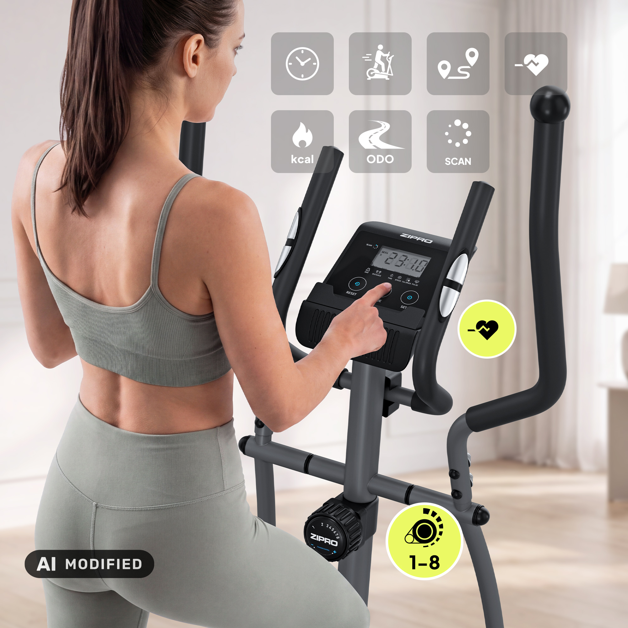 Una donna in abbigliamento sportivo grigio si allena su un'ellittica, toccando la console con icone fluttuanti.