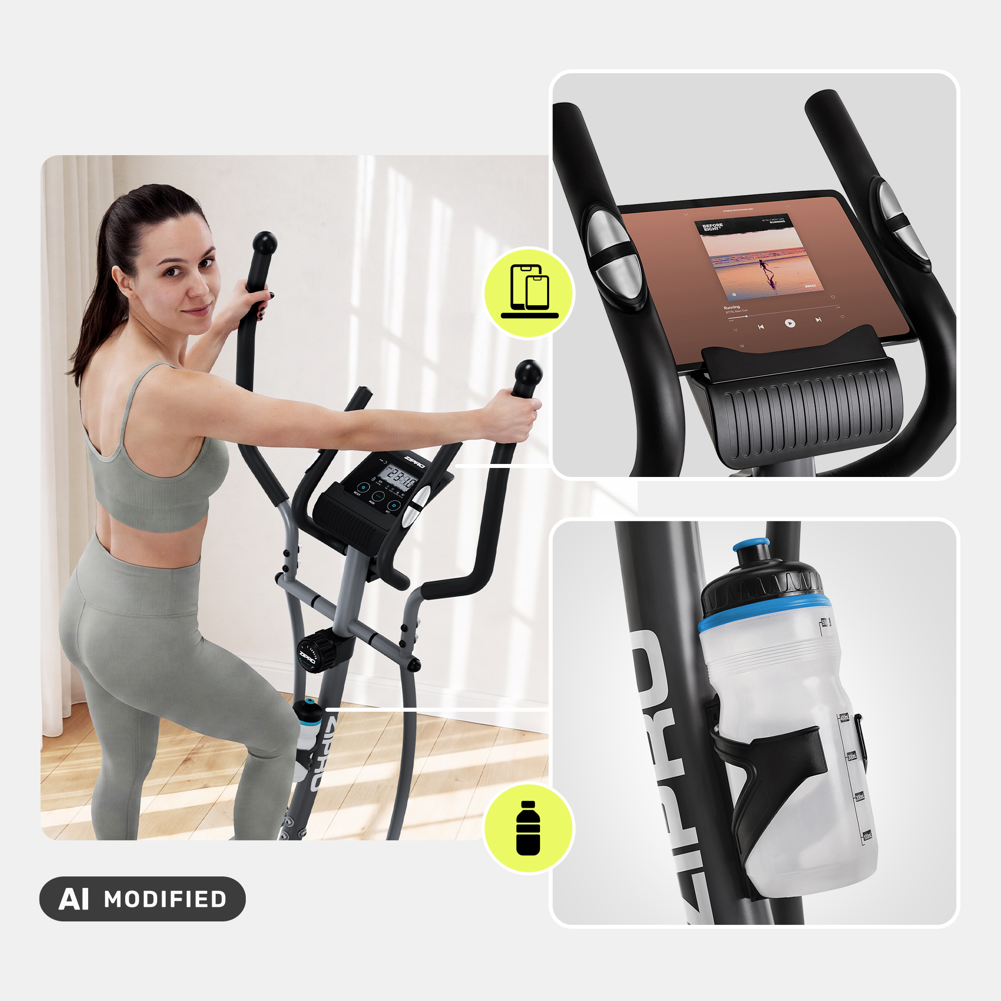Donna usa cyclette ellittica, con dettagli di schermo e borraccia.