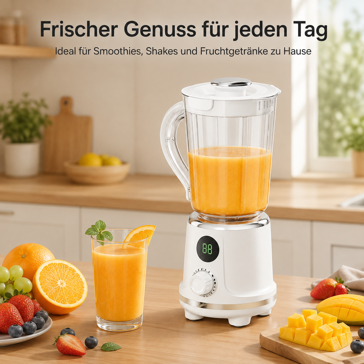 Ein weißer Standmixer mit Orangensaft, ein Glas Saft und frische Früchte auf einer Holzarbeitsplatte in der Küche.