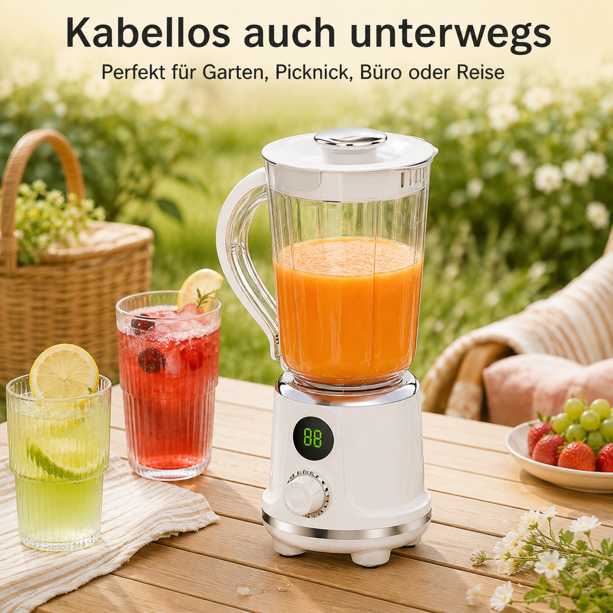 Ein weißer Akku-Standmixer mit Orangensaft auf einem Holztisch im Freien mit Getränken.