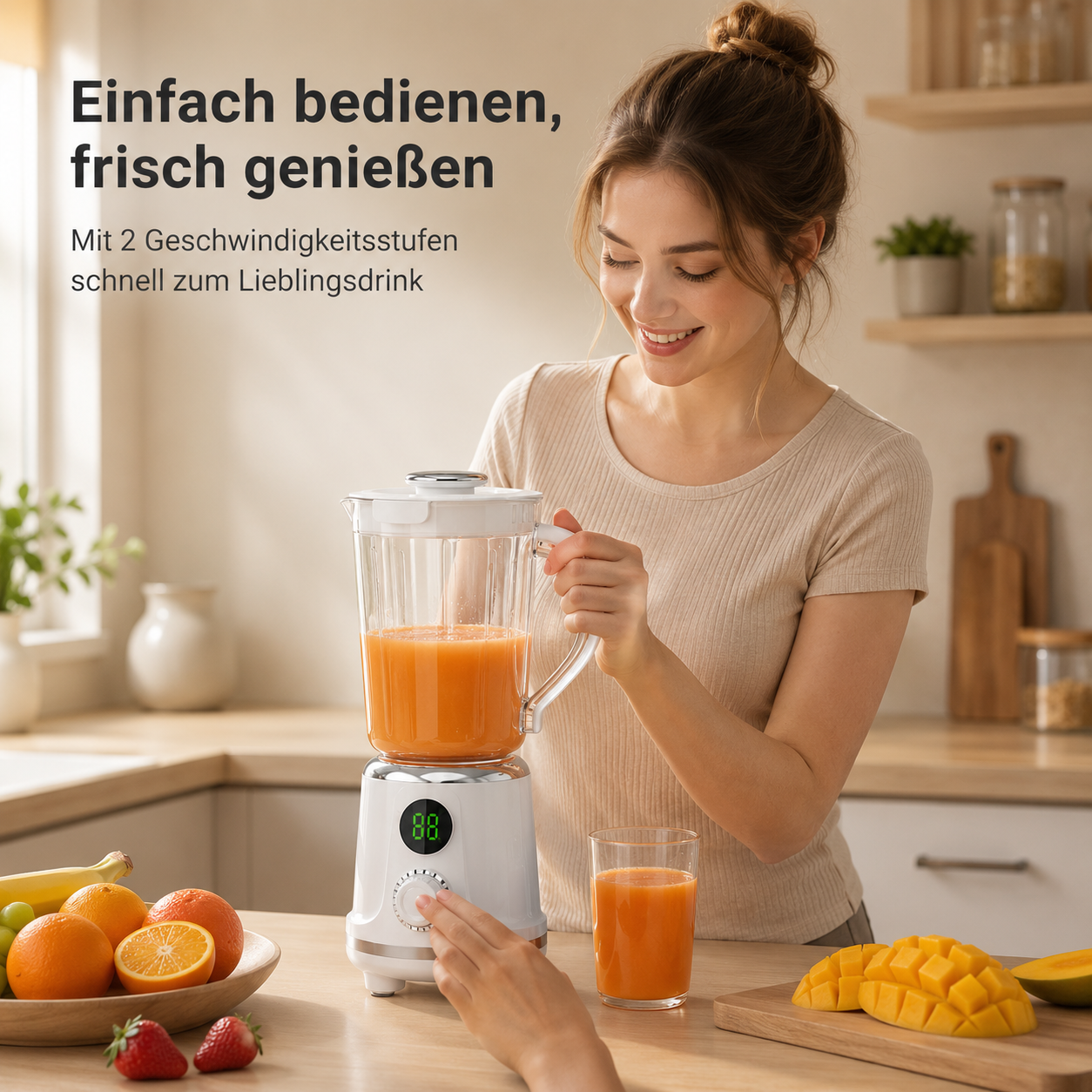 Eine Frau bedient einen weißen Standmixer in einer Küche mit frischem Obst.