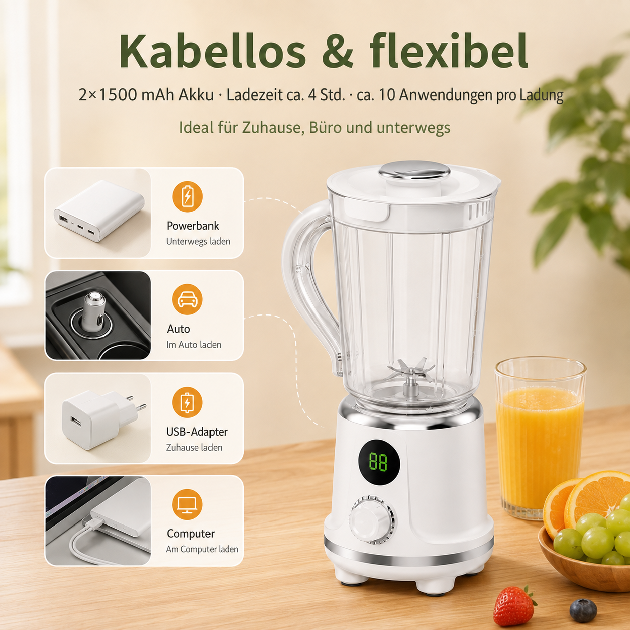 Kabelloser Blender auf Holztisch mit Ladeoptionen links und Obst rechts.